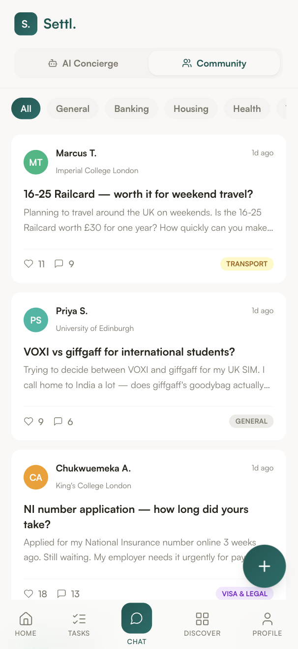 Peer community screen showing student posts on transport, visa and banking