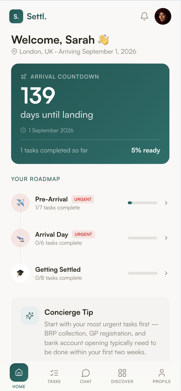 Settl home screen showing personalised relocation countdown and roadmap