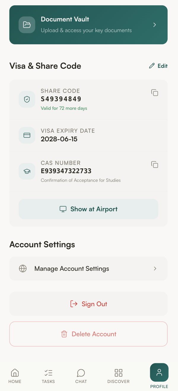 Settl document vault showing visa, share code and CAS number organised by category