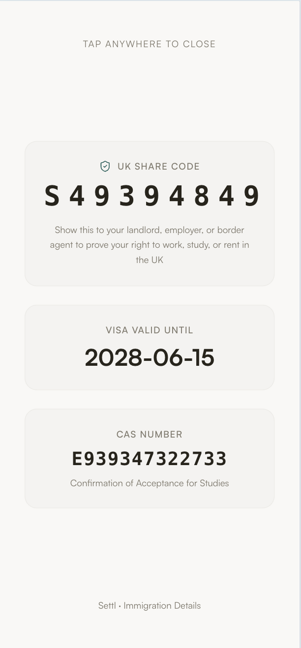Settl eVisa screen displaying UK share code and visa expiry date