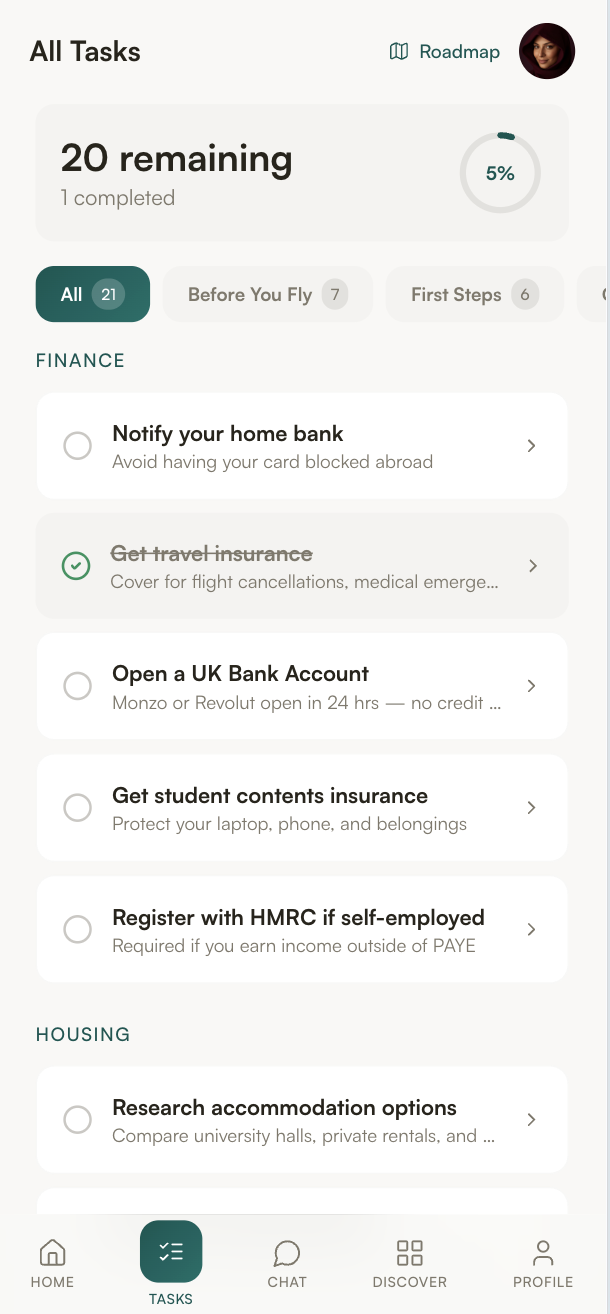 Settl student arrival checklist inside the app showing phased tasks